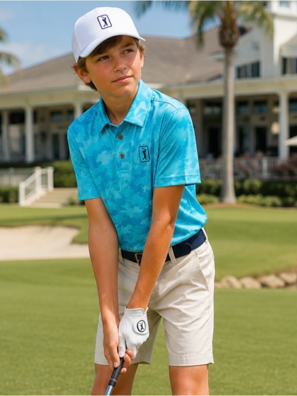 NWT PGA Tour Apparel Boys All Over Camo Polo